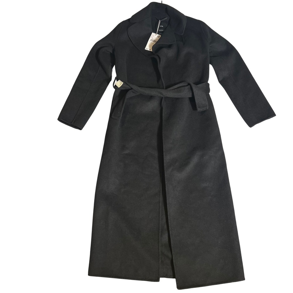 Mango MNG Abrigo Classic Handmade Black Long Wrap Coat Belted XXS